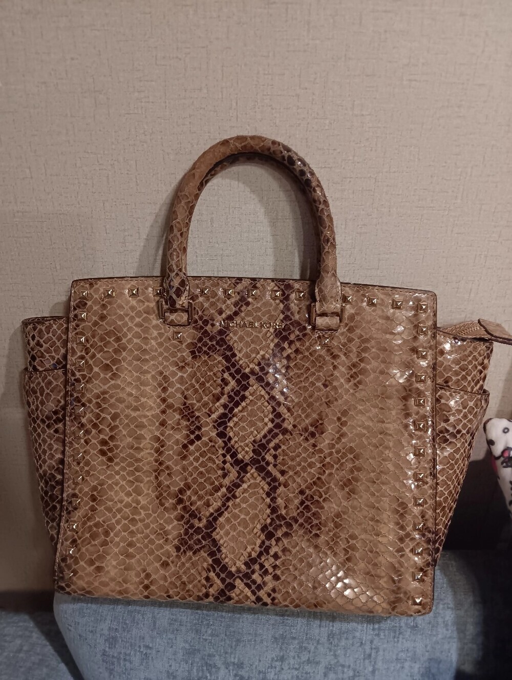 Michael Kors Python-Embossed Satchel in Taupe Brown